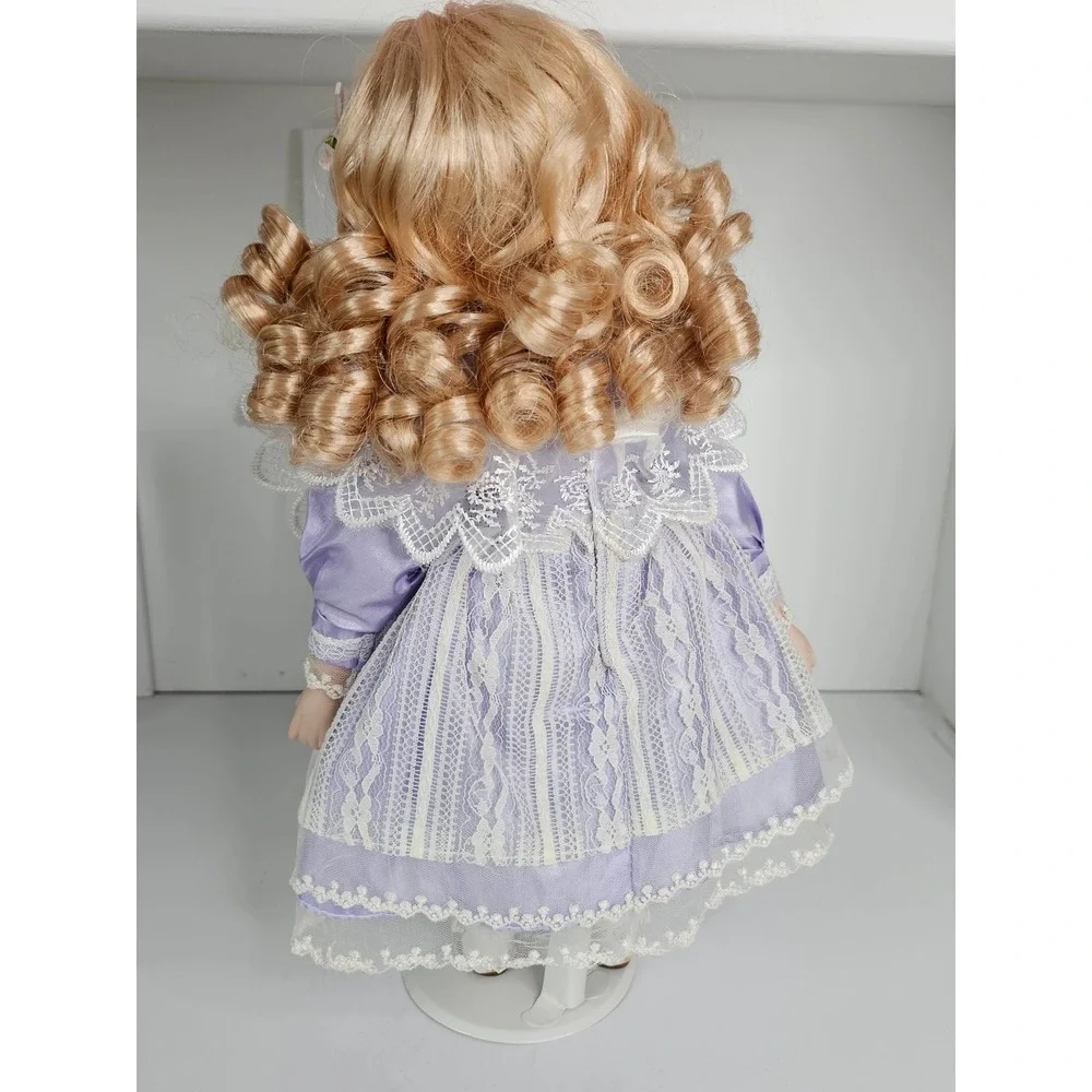 Vintage‎ Porcelain Doll Blonde Hair Blue Eyes Curls w Stand 14